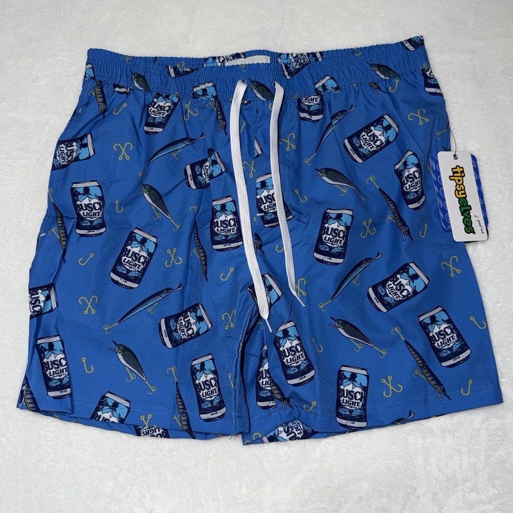 Tipsy Elves Busch Light Fishing Lure Swim Trunks Shorts Men's Medium Blue New